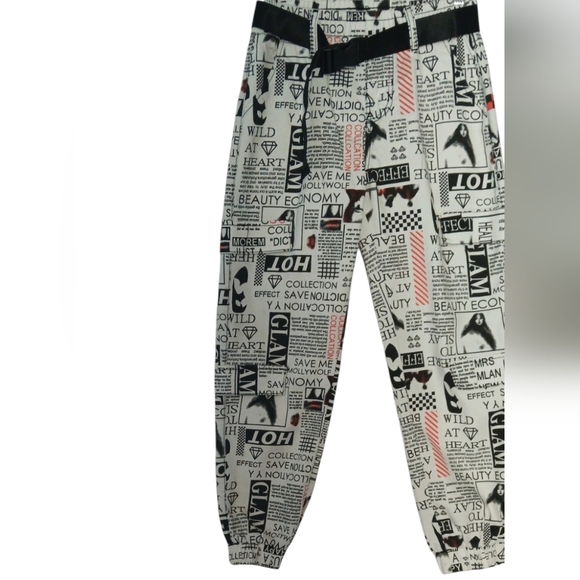 V.I.P. Joggers Canvas Pants Bold Graphic Print Belt Pockets Elastic Waist - Picture 5 of 14